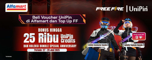 Anniversary Bundle Spesial dari Free Fire Kembali Hadir! Bonus Hingga 25Ribu UniPin Credits dengan Top Up FF Pakai Voucher UniPin dari Alfamart!